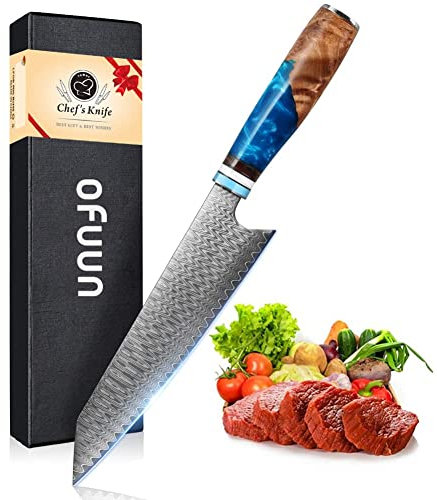 oFuun Damast Kochmesser Profi Messer Kiritsuke, Scharfes Küchenmesser Messer Chefmesser 20cm Japanisches Messer Damaststahl 67 Schichten mit Ergonomischem Griff Fleisch