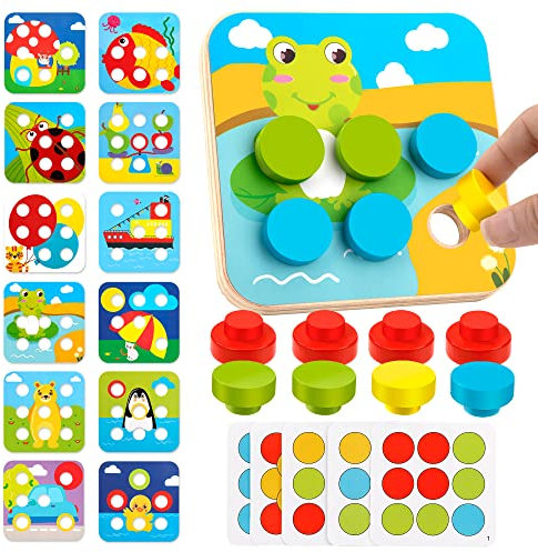 Jeesblsy Puzzle ab 1 2 3 Jahr, Mosaik Steckspiel Montessori Spielzeug Baby Color Zuordnungsspiel Motorikspielzeug mit 16 Bunten Bausteine & 12 Mustern, Pädagogische Steckspielzeug Geschenk für Kinder