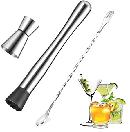 Tissting Set 3 Herramientas Bar Acero Muddler Cuchara Jigger | Utensilios Profesionales para Cócteles, Mojitos y Margaritas en Casa y Bares
