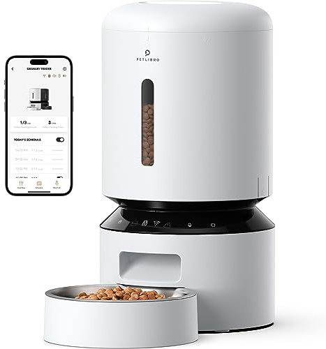 PETLIBRO Automatic Cat Feeder, Smart App Control via 5 GHz WiFi, 5L Pet Dry Food Dispenser, Timed Control, Suitable for Dogs and Cats, Portion Adjustable, Plug-in Power Supply Required, White