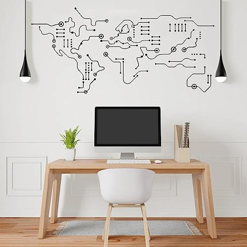 Circuit Board World Map Office Wall Sticker Technology Computer IT Software Geek Earth Wall Decal Classroom Vinyl Home Decor YT6765 (Black)