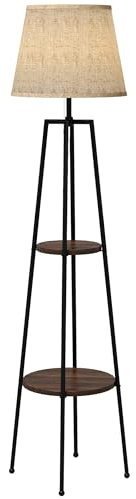 HOMCOM Lampadaire, lampe de salon sur pied, 2 étagères de rangement, douille E27, 40 W, interrupteur à tirette inclus, abat-jour tissu, métal, design moderne, noir marron