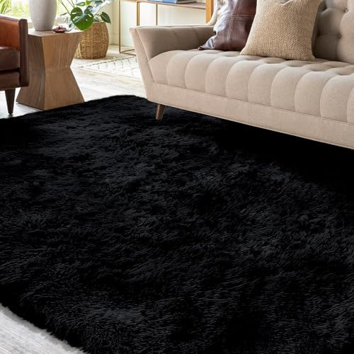 XSIVOD hochflor Wohnzimmer Teppich, Schlafzimmer Bettvorleger, Moderner zottelig flauschig weich Teppich für Kinderzimmer, Anti-Rutsch Unterseite, Waschbar, 80x160 cm, Schwarz