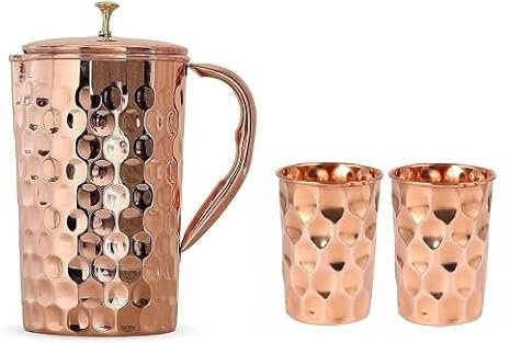 BishtHub 1500 ml Kupfer-Diamant-Krug und 300 ml Wassergläser, Trinkkrug und Becher, Küchenartikel, Kupferutensilien für Serviergeschirr, 1 Krug und 2 Gläser