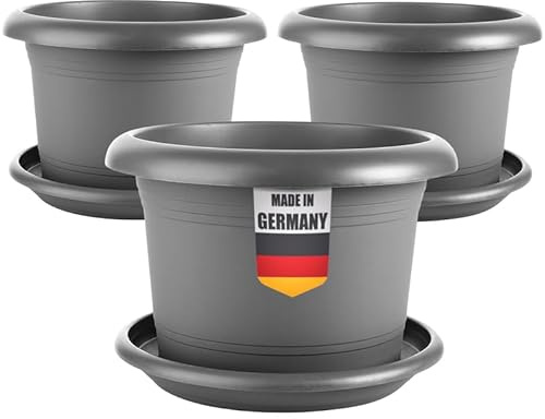 SUSTANIA 3er Set Pflanzkübel für Außen 30cm Durchmesser - Groß Anthrazit Tomatentöpfe Blumentöpfe mit Untersetzer aus Kunststoff, Wetterfest, für Garten, Balkon, Terasse
