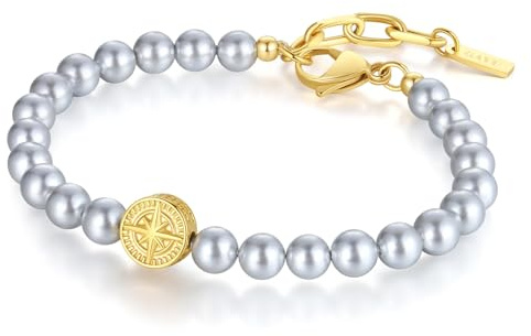 GAVU Pulsera Surfista Hombre Mujer, Pulsera de Perlas de Concha Grises con Dije de Brújula