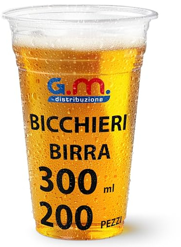 G.M. DISTRIBUZIONE 200 Bicchieri Birra da 300ml in PET Trasparente, Bicchieri Usa e Getta per Birra tacca 2,5cl, Bicchieri Monouso per Bar e Lounge Bar