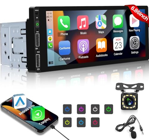 Autoradio 1 Din avec Carplay & Android Auto - Autoradio Carplay à écran Tactile HD de 6,86 Pouces avec EQ Mirror Link SWC Bluetooth FM Radio AUX TF USB Disk + Caméra de Recul