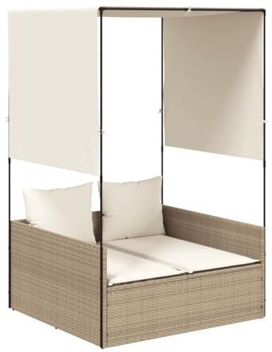 Homgoday Doppel-Sonnenliege mit Dach und Vorhängen Doppelliege Gartenliege Liegestuhl Outdoor Liege für 2 Personen Garten Relaxliege für Garten oder Balkon Beige Poly Rattan