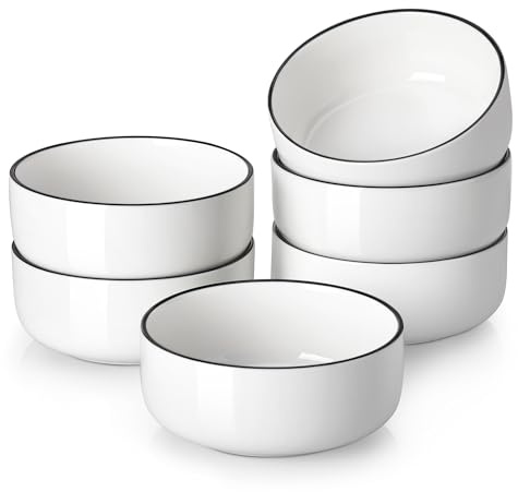 MALACASA Müslischalen 6er Set, 640ml Suppenschalen Porzellan Salatschüssel Set Dessertschalen Frühstücksschalen Keramik Große Schüsseln Set für Nudeln, Salat, Obst, Serie LUNA Weiß mit Schwarzem Rand