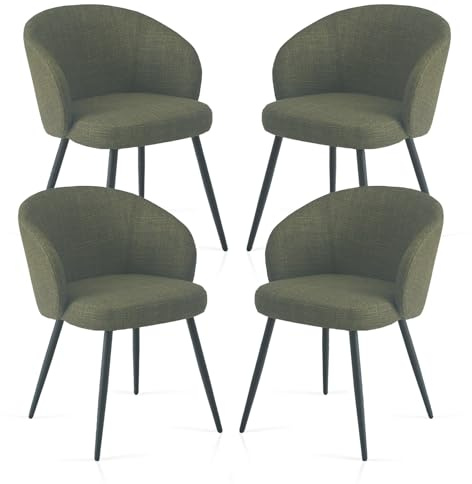 Weegstok Set of 4 Chunky Weave Fabric Upholstered Dining Chairs with Arms and Metal Legs for Dining Room, Kitchen, Living Room, Home Office (4, Green)