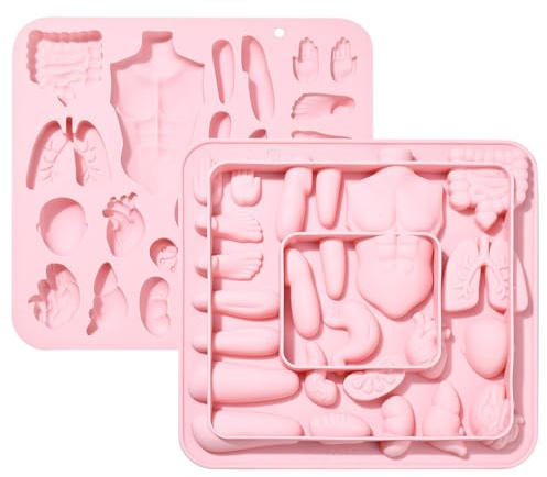 Stiesy 2Pcs 6 Cavity Human Body Theme Silicone Moulds Reusable 3D Organ Silicone Fondant Cake Mould Heart Shape Baking Molds for DIY Soap Pudding Candy Chocolate Creative Teaching Halloween Decor