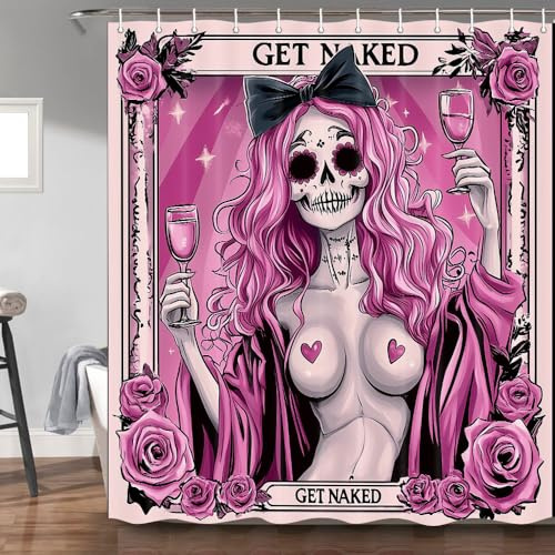 Hajmsug Duschvorhang mit Totenkopf-Skelett-Motiv, lustig, rosa, Halloween, Gothic, rote Rose, Blumenmuster, Rotwein, Mädchen, Horror, gruselig, Badezimmer-Duschvorhang mit Polyester-Haken, 180 x 180