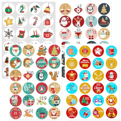 4x Aufkleber Adventskalender Zahlen, Adventskalender Aufkleber 1-24, Selbstklebend Adventszahlen Sticker, Adventskalende Sticker Kinder, für Weihnachten Party Basteln Befüllen Dekorieren 45mm (A)