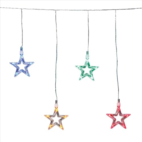 hellum LED Lichtervorhang bunt mit 10 Deko Sternen, Lichtervorhang innen mit 10 Strängen und 50 bunten LEDs, Lichterkette Fenster, Weihnachtsdeko Fenster 2,25m 40cm Höhe, Innen-Trafo <59lm 152715