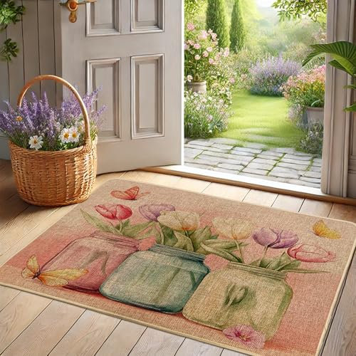 Felpudo floral en tarro, felpudo de puerta de tulipanes coloridos para decoración de primavera de entrada al aire libre e interior, goma impermeable, antideslizante, absorbe el polvo, fácil de limpiar