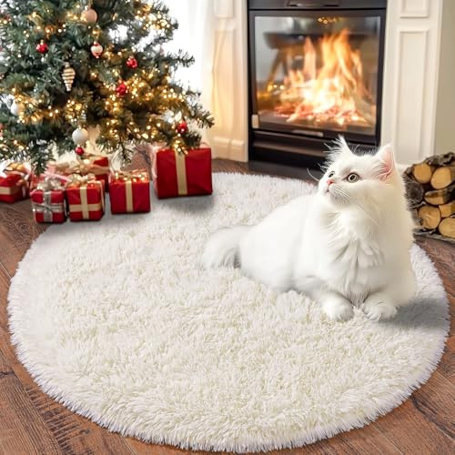 Chicnix Teppich Rund 100 cm Hochflor für Schlafzimmer, Teppich Wohnzimmer Langflor, Moderner Plüsch rutschfest Weich Flauschig Bettvorleger für Kinderzimmer, Creme