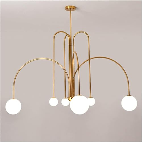 WWERTYY Lampadario Moderno a soffitto a LED con Globo in Vetro di metà secolo, 6 luci, Compatibile con Soggiorno, Lampada a Sospensione Dorata, Lampada Sputnik lineare Nera arcuata, compat
