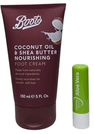 Boots Coconut Oil Shea Butter Nourishing Foot Cream For Smooth, Soft Feet 150ML With Free Aloe Vera Lip Balm