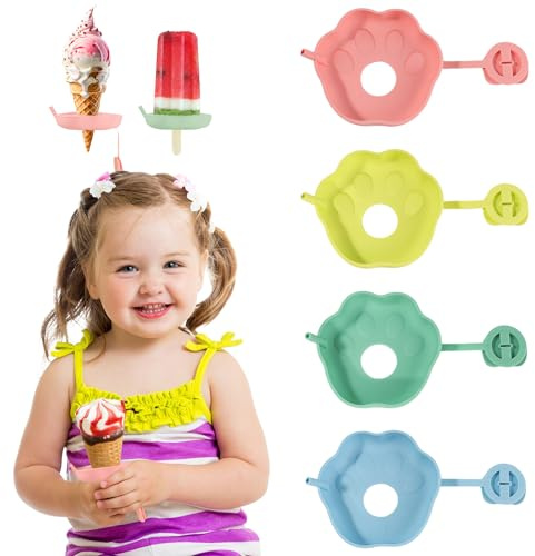 4 Pcs Ice Pop Holders, Drip Free Silicone Popsicle Holders with Two Way of Use, Reusable Ice Cream Cone Holder for Kids, Ice Cream Holder for Summer Pool & Outdoor Party (Blue, Pink, Green, Yellow)