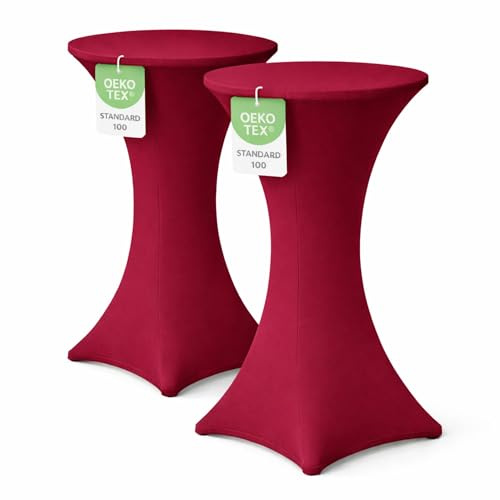 EXKLUSIV HEIMTEXTIL Stehtischhusse für Bistrotisch mit 4 verstärkten Fußlaschen elastisch Stretch Oeko-TEX Zertifiziert Ø 80-85x110-120 cm Bordeaux (2 Stück)