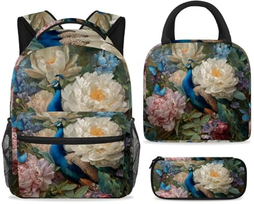 ewndhtse School Backpack Set with Lunch Bag Pencil Case, 3 Pcs School Bookbags Set Travel Rucksack Casual Daypack for Teens Girls Boys Primary Junior Middle - Butterfly on Peony Lilac Peocock