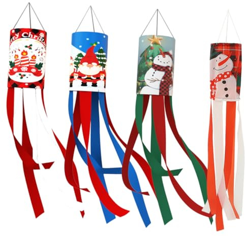 HIAKDOFT 4 Stück Teiliges Weihnachts Windsack Außen für Garten und Wetterfeste Dekorative Windfahnen mit Festlichen Motiven Einfache Vielseitige Weihnachtsdekoration