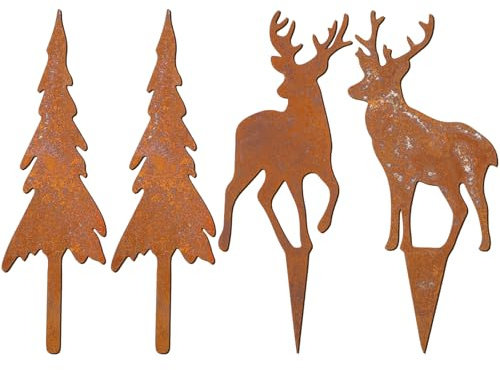 HUYUE Gartenstecker Rost Hirsch Weihnachten Deko Rentier Tannenbaum für Weihnachtsdeko (4er)