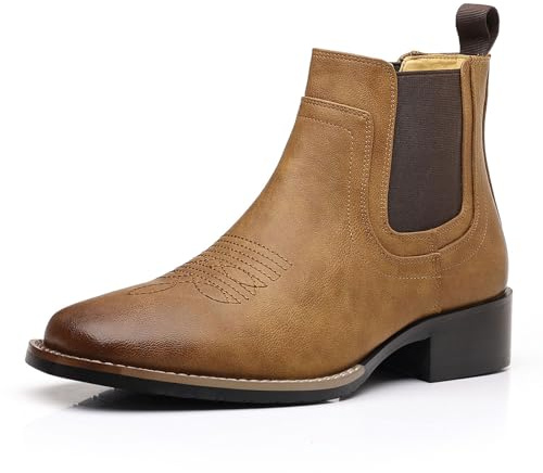 Western Cowboy Boots för män i PU-läder Chelsea slip-on rund tå broderad retro klassisk ranchstil bekväm hållbar mode ledig arbete, Brun, 39 EU