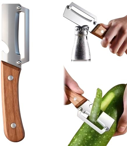 Odetina Multi Vegetable Peeler for Kitchen, Ultra Sharp Stainless Steel Blade, Non-Slip Wooden Handle with Bottle Opener, Kitchen Tool for Easy Potato Pumpkin Papaya Zucchini Home Meal Prep