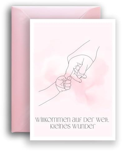 WBdesignz Geburtskarte „Willkommen auf der Welt, kleines Wunder“ mit rosa Umschlag - liebevolle Karte zur Geburt für Baby Mädchen, Kind - Glückwünsche für werdende Eltern - Babykarte (DIN A6)