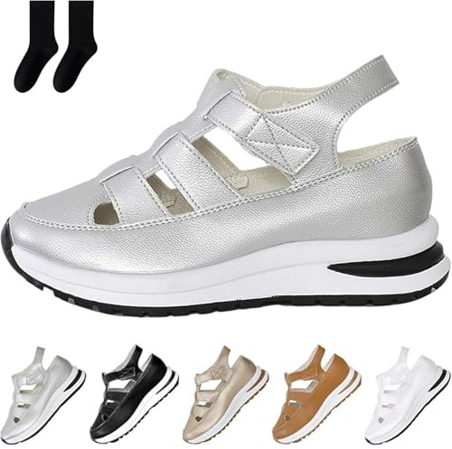 Sandalias de cuña con plataforma transpirable para mujer, puntera cerrada, para verano, playa, deportes, para mujer, estilo gladiador, romanas, Silver, 43 EU