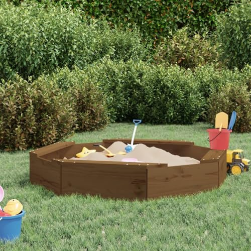 Mangloder - Sabbiera ottagonale in legno massello di pino per bambini da 2 a 8 anni, con 4 sedute e robusto telaio in legno, colore: marrone miele