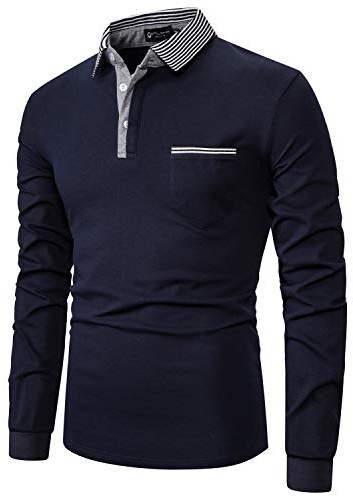 STTLZMC Homme Polo t-Shirts à Manches Longues Col de Tricot fileté Couleur Contrastée Coton Shirt 26 Bleu M