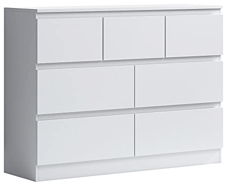 FWStyle Merchant 7 Drawer Chest of Drawers Matt White, Scandinavian No Handle Bedroom Furniture with Deep Storage Drawers, Scratch Resistant Finish, W106 x H81 x D40cm