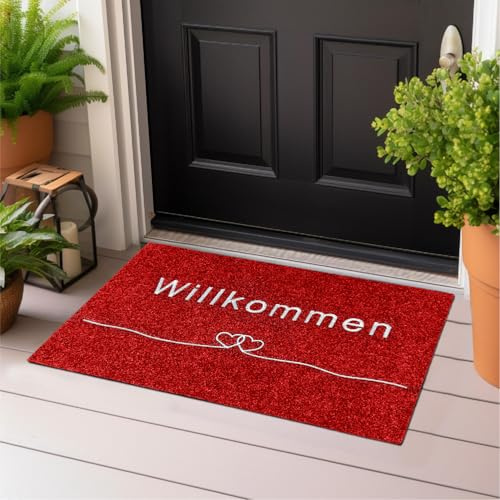 Majo Lifestyle und Home® Fußmatte rutschfest waschbar Flur-Matte dünne Haustür-Matte, Schmutzfangmatte für innen und außen, Fussabtreter Eingangsbereich (ROT WILLKOMMEN, 40x60 cm)