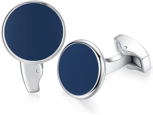 Honey Bear Coquille blanche Perles/agate onyx noir Rond boutons de manchette Pour hommes-Rectangle Acier inoxydable brossé, pour mariage affaires (Bleu marin)
