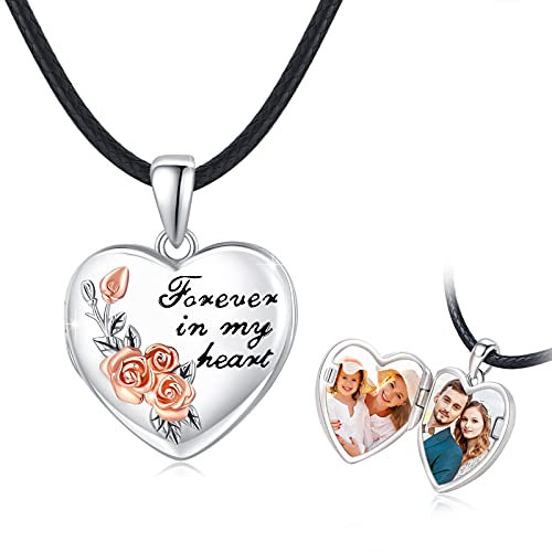 CUOKA MIRACLE Kette Damen Foto Herz Medaillon Kette 925 Sterling Silber Rose Blume Amulett Foto Medaillon Anhänger Halskette Photo Locket Kette für Mutter Paar Mädchen