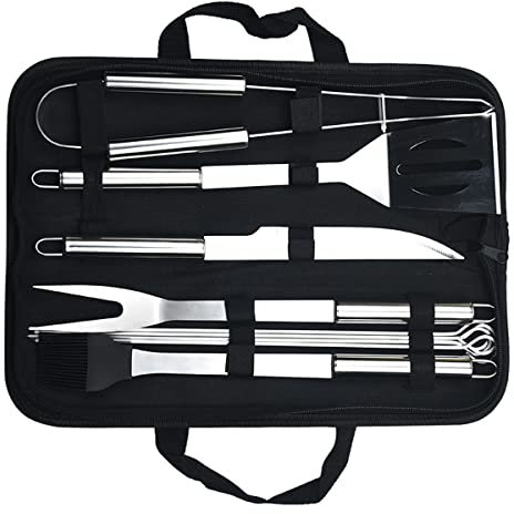 LJBOZ Grilbesteck Set, Grill Grill ZubehöR Kit mit Aus Hochwertiger Edelstahl, Professionelle Outdoor Camping Grillwerkzeug Set für Grill im Camping Garten, 9pcs