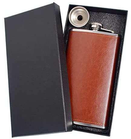 Joy Depot Hip Flasks for Men 12oz with Funnel Stainless Steel Pocket Hip Flask Alcohol Flask for Discrete Shot Drinking of Whiskey Rum Vodka Gift - Brown