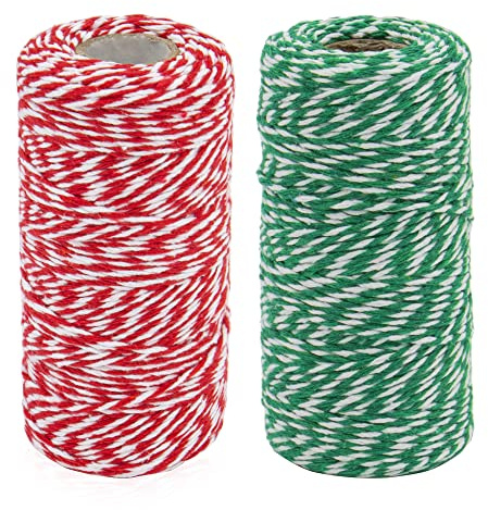 Time to Sparkle 200m Christmas String Xmas Twine String Thread Cotton Rope | For Gift Wrapping Baking Packing DIY Crafts Handmade Arts 1 Set (2rolls 100m/Roll) Red/White & Green/White