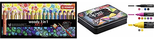 STABILO-Buntstift, Wasserfarbe & Wachsmalkreide-woody 3 in 1-ARTY-18er Pack mit Spitzer und Pinsel + Acrylmarker-FREE Acrylic Starter Set-11er Pack-4x T100, 5x T300, 2x T800C