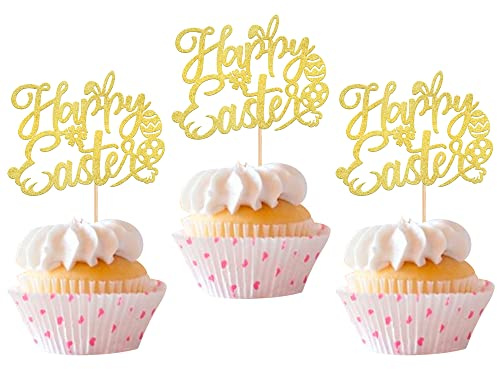 Xsstarmi 24 Pack Gold Glitter Happy Easte Cupcake Toppers Bunny Ears Easter Egg Decor Cupcake Picks for Bunny Happy Easter Theme Baby Shower Birthday Easter Party Cake Decorations (UKXM339-gold)