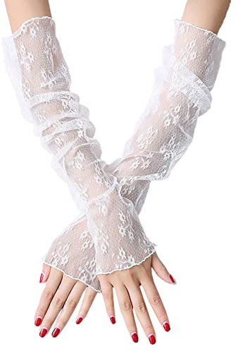 Wambere 1 Paar Damen Kühlung Arm Ärmel Lange Ultradünne Fingerlose Ellbogen Sommerhandschuhe Sonnenschutz UV Schutz Kühles Netz Tül Fingerlose Armstulpen Perfekt Party Outdoor Sportaktivitäten,Weiß E