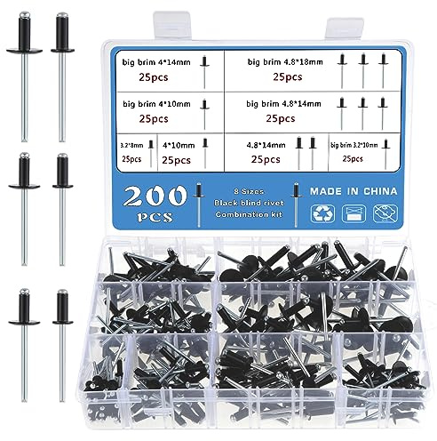 Fippy Lot de 200 rivets aveugles, 8 tailles en aluminium, assortiment de rivets pop M3.2 M4 M4.8 (M3.2/M4/M4.8)