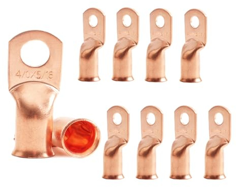 4/0 AWG 5/16 Studs (10 Piece), Heavy Duty Battery Ring Terminals, 0000 Gauge Connectors, 4/0 Battery Cable Lugs, Copper Ring Terminals, Bare Copper, Tubular Ring Terminal Connectors