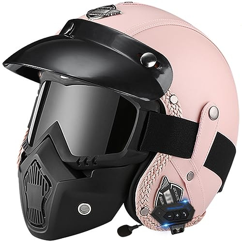 retrò Casco in Pelle, Casco Jet con Bluetooth Casco Scooter Omologato ECE Caschi da Moto di Sicurezza per Uomo e Donna