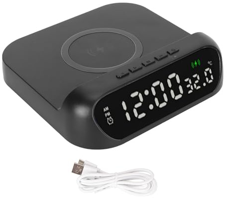 Digitaler Wecker, dimmbare LED Anzeige, kabellose Ladestation mit Temperatur, Schlummerfunktion und Nachtlicht für Nachttisch im Schlafzimmer, ABS, Schwarz, 1 Stück