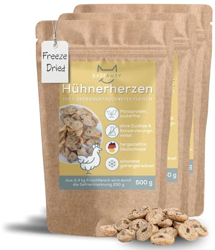 BARFAWAY gefriergetrocknete Hühnerherzen, gesunde Hundeleckerlies, getreidefrei, zuckerfrei, 100% natürlich ohne Zusätze, Deutsche Herstellung, 3er Pack (3 x 500 g)