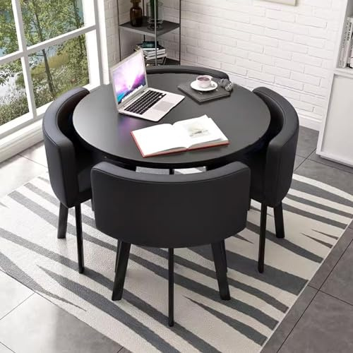 ZENCIX Besprechungstisch Rund, 80 cm Einfacher Küchen-esstisch, 1 Tisch 4 Stühle Wohnzimmertisch und Stuhl-Kombination Zuhause Schlafzimmer (Farbe: Schwarz)